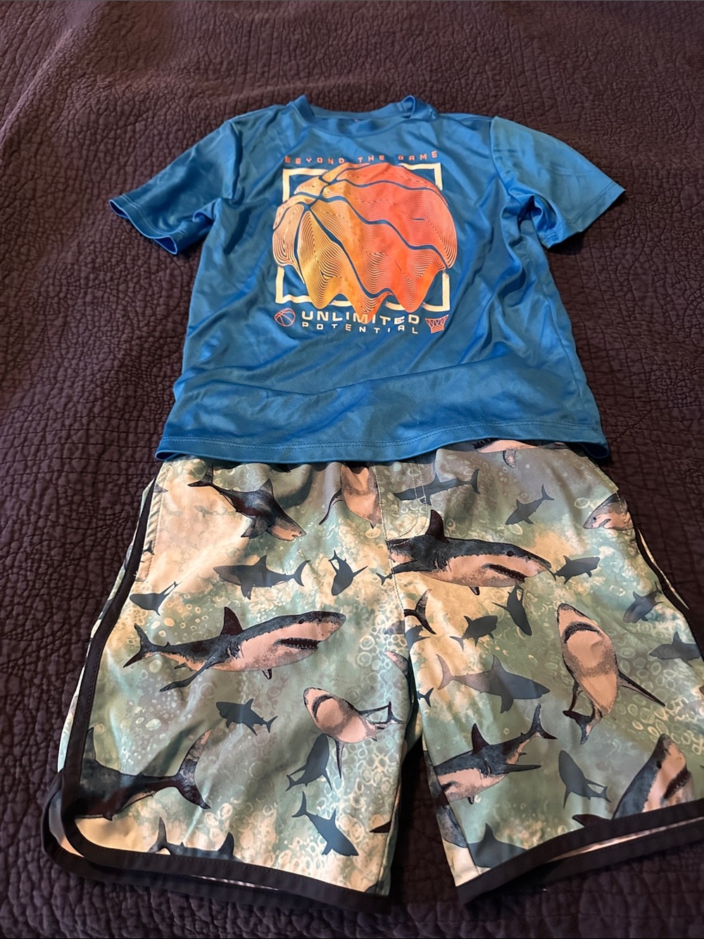 Boys swim rash guard & swim trunks.